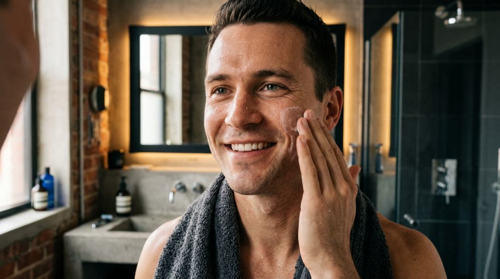 Close-up of a mans face during morning skincare routine, ap