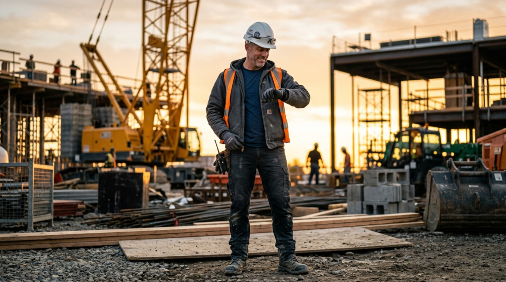 Athletic man in his 40s wearing premium workwear and casual