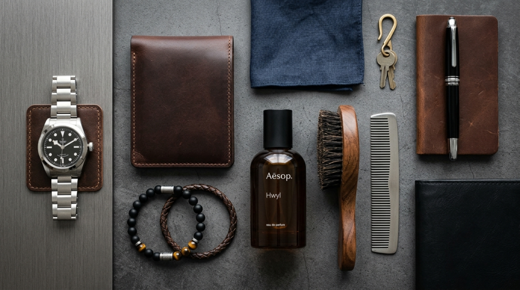 Flat lay overhead composition of mens fashion accessories i