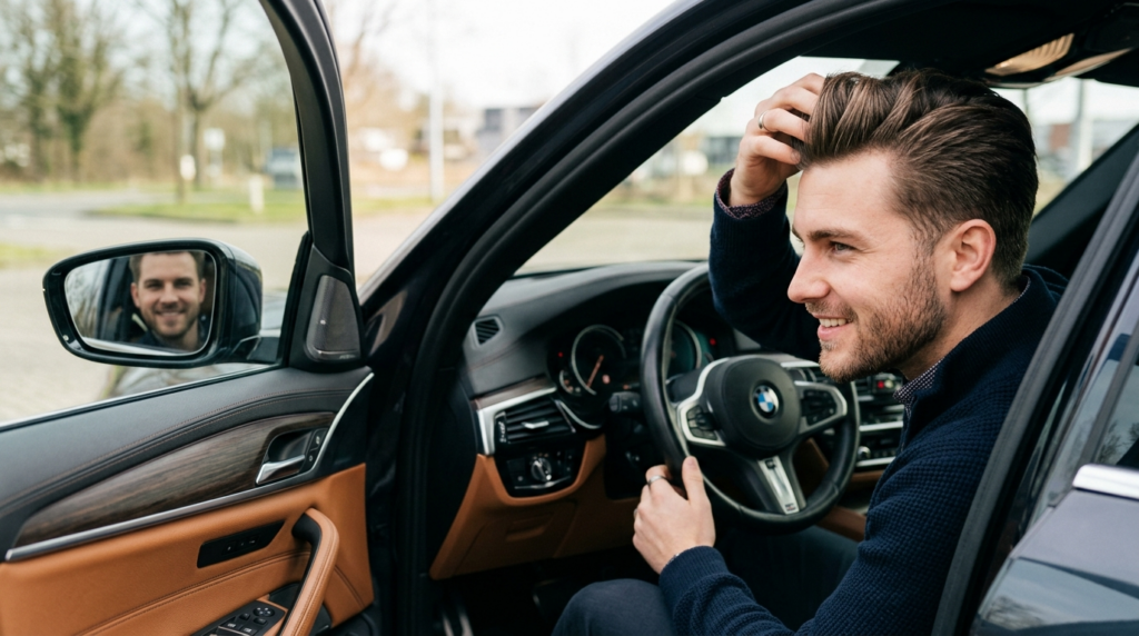 Close-up of well-groomed young man in car, running hand thro