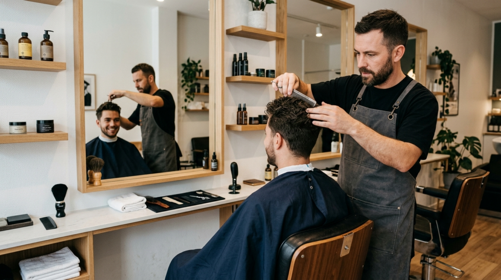 Professional barber and confident young man in barbershop, b