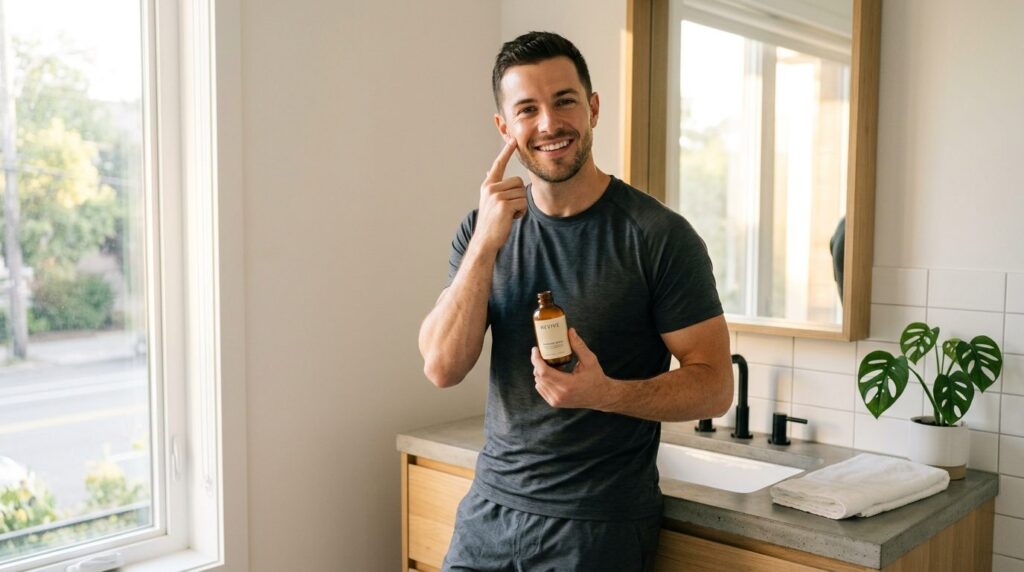 Photorealistic image of an athletic man in gym wear performi