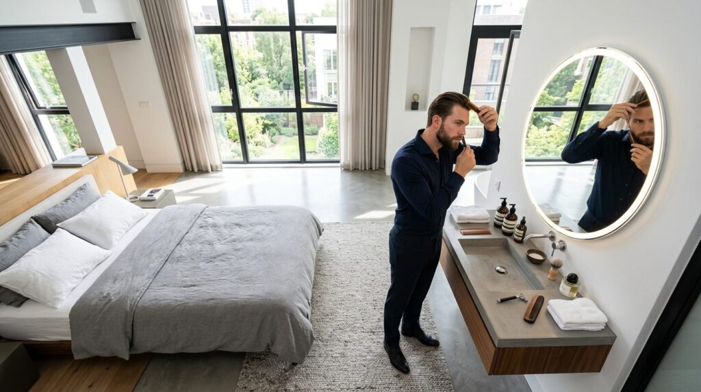 Photorealistic overhead shot of a modern bedroom with expans