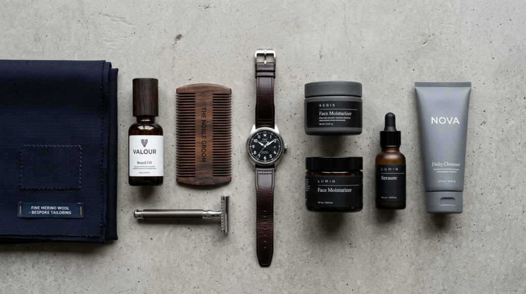 Overhead flat lay composition of a well-groomed mans daily 