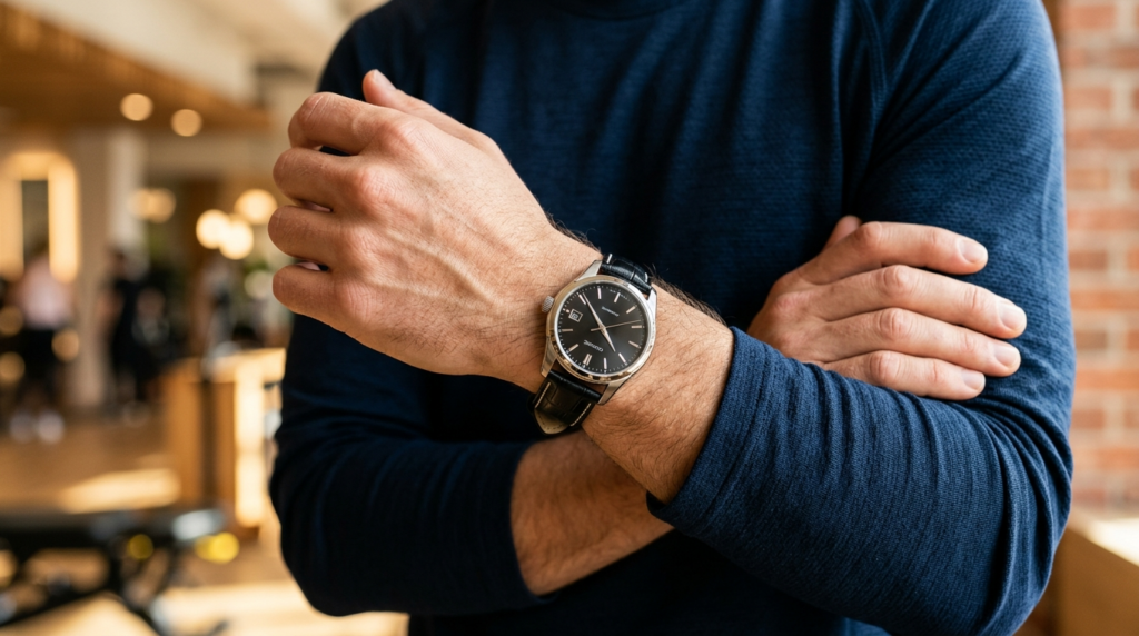 Close-up lifestyle shot of a confident mans wrist wearing a