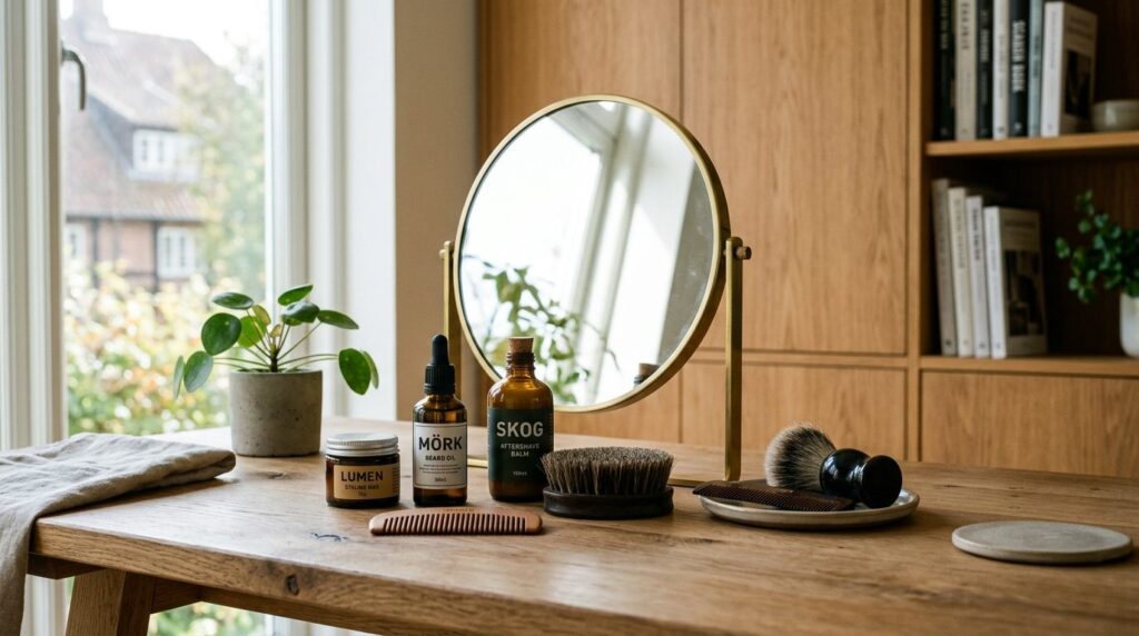 Mands grooming-hjørne med moderne produkter og tilbehør på hylder.