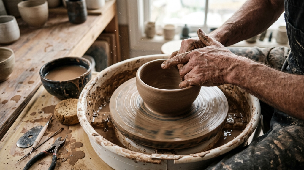Close-up overhead shot of masculine hands shaping clay on a 