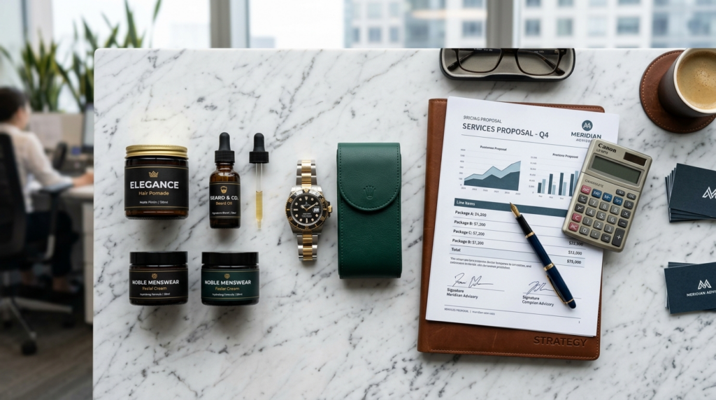 Overhead flat lay of luxury grooming essentials including hi
