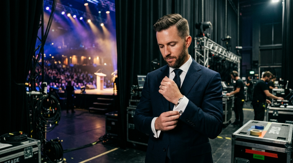 Confident man in premium dark suit adjusting his cufflinks b