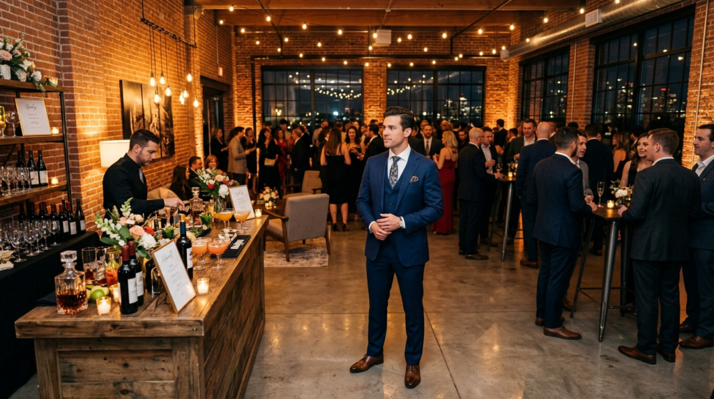 Wide-angle photorealistic image of a fit, well-dressed host 
