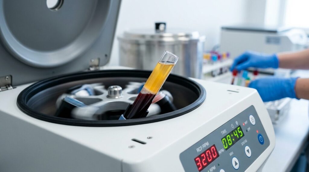 Close-up of blood sample in centrifuge machine during PRP pr