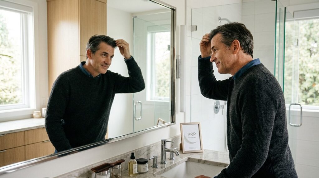 Confident mature man examining hairline in bathroom mirror a
