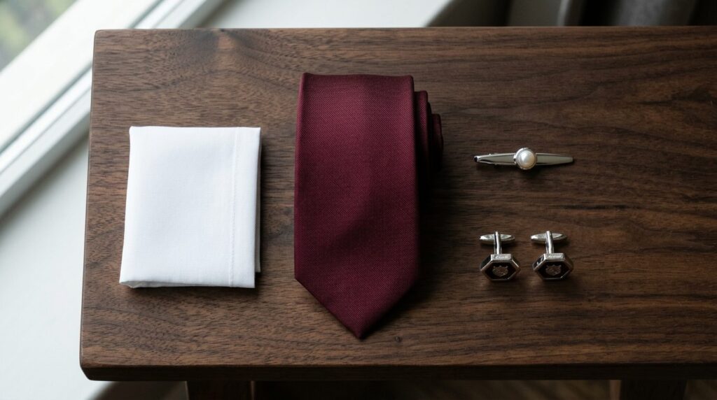 Flat lay styling shot of mens formal accessories including 