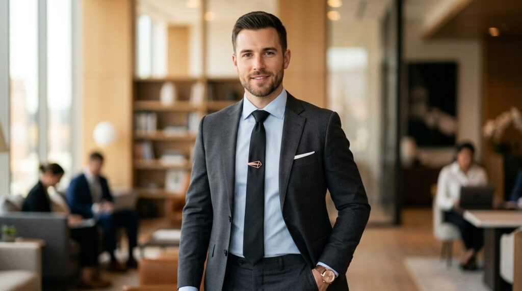 Well-groomed male model in tailored charcoal suit and light 